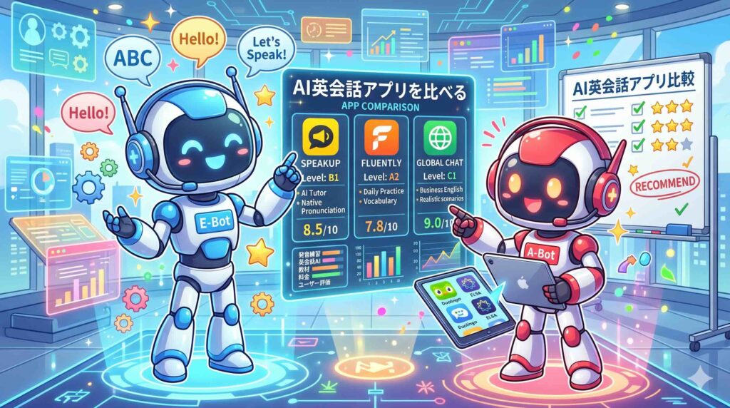 他のアプリとELSA Speakの無料プランにおける違いを語るロボット