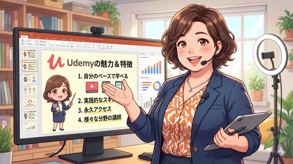 Udemyにはどのような英語講座があるのか紹介する女性