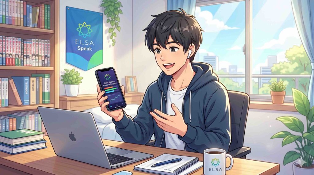 ELSA Speakでできることを紹介する男性