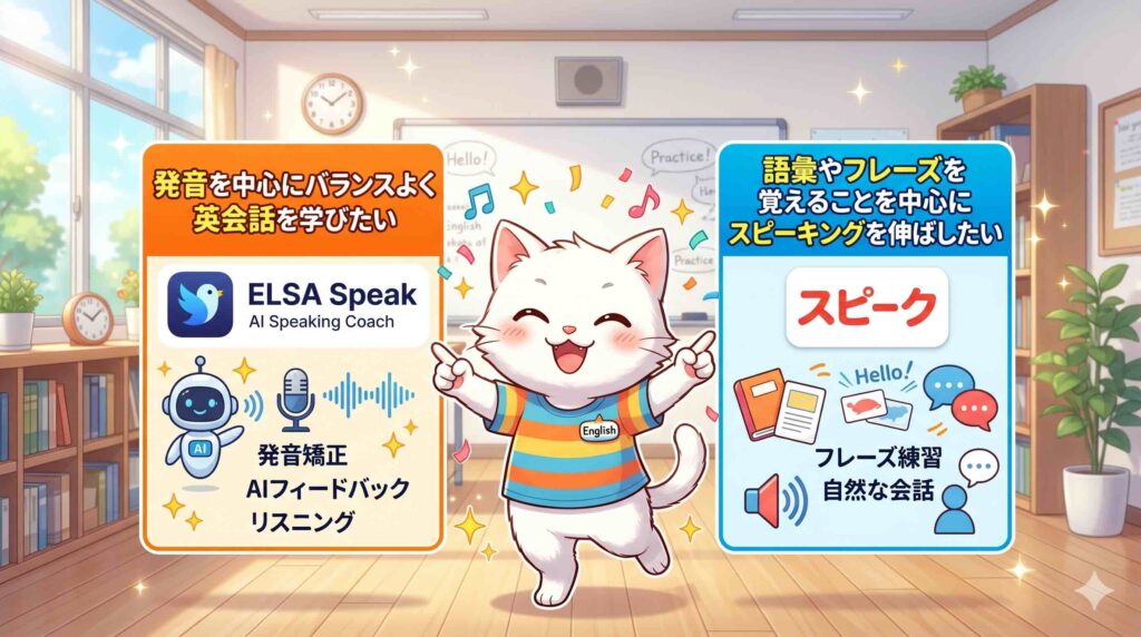 ELSA Speakとスピークどちらがおすすめか紹介するネコ