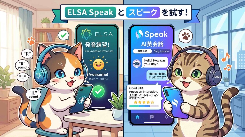 ELSA Speakとスピークの様子を比較しているネコ