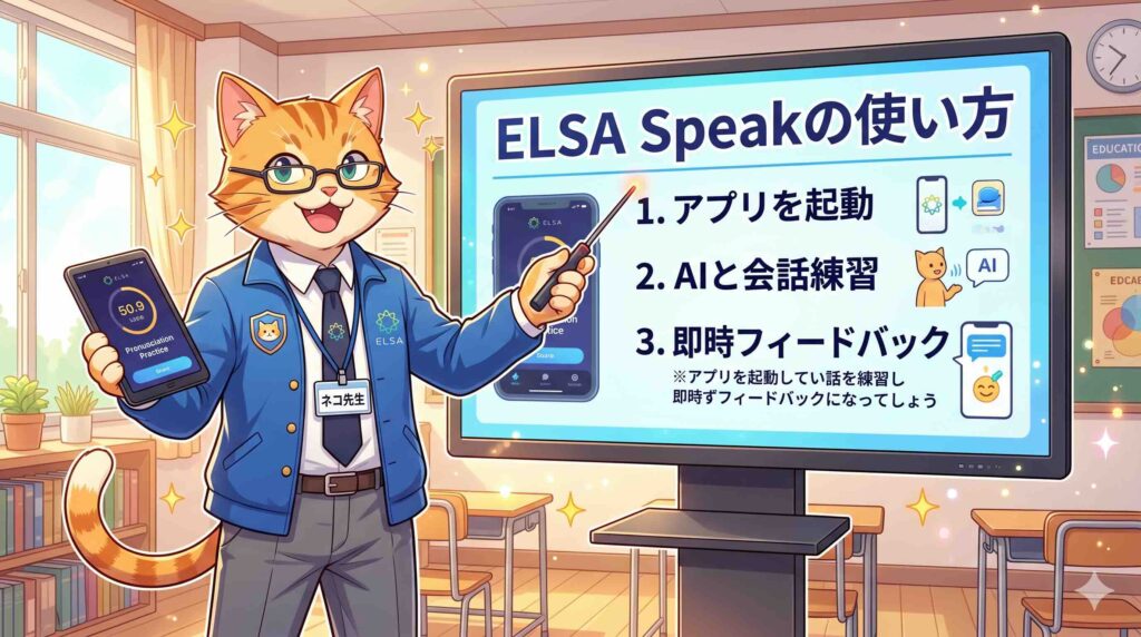 ELSA Speakの基本的な使い方と機能を解説するネコ