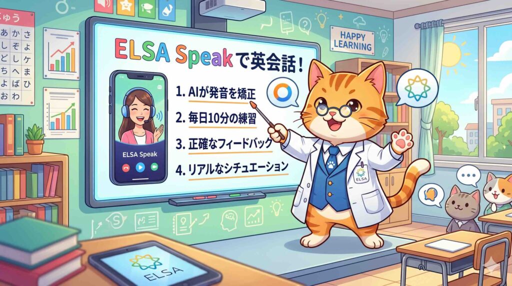 ELSA Speakについて説明するネコ
