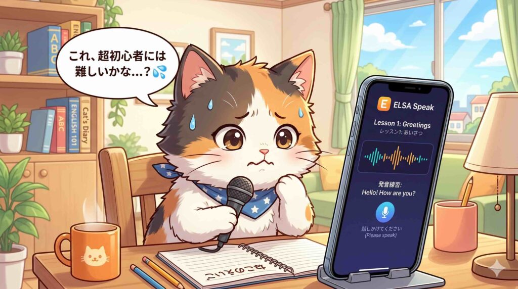 ELSA Speakは初心者に難しいのか考えるネコ