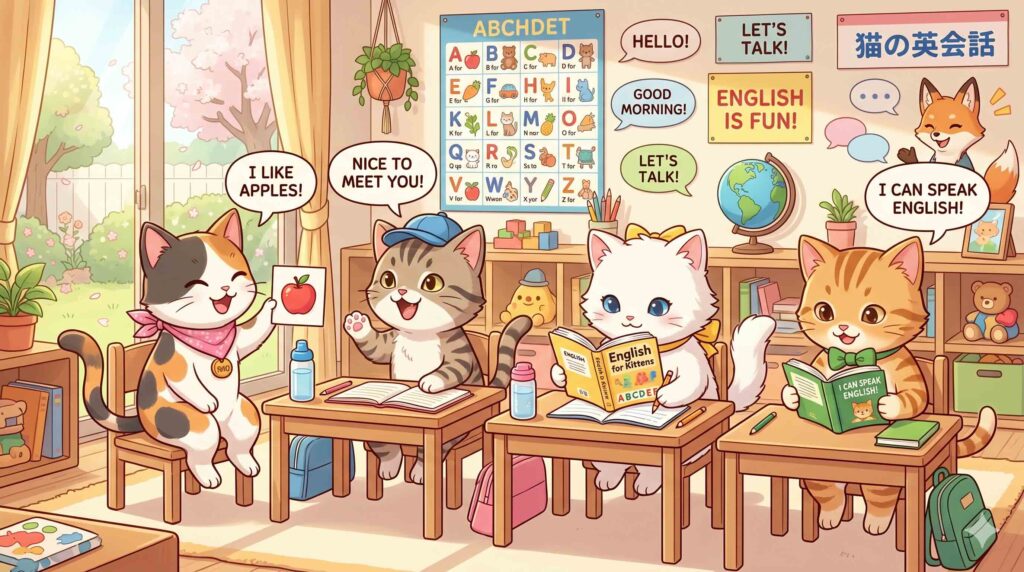英会話を伸ばすために勉強する猫たち