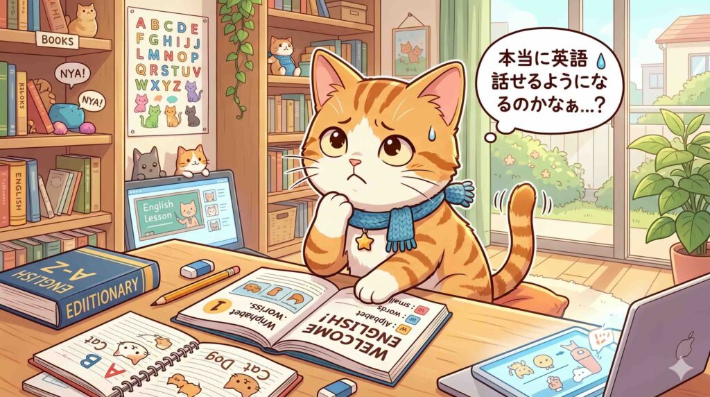 ELSA Speakを使うと話せるようになるのか悩むネコ