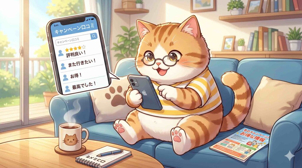 ELSA Speakのキャンペーンに関する口コミや評判を調べるネコ