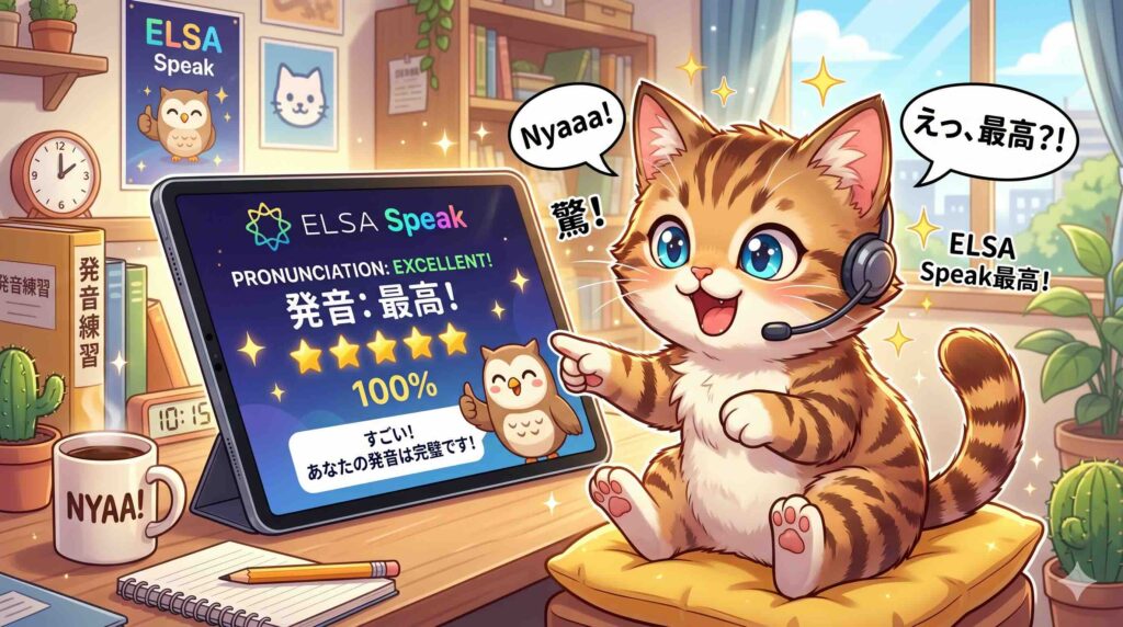 ELSA Speakを使ってみた感想を述べるネコ