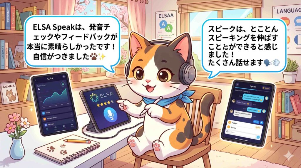 ELSA Speakとスピークを両方使った上での感想を述べるネコ