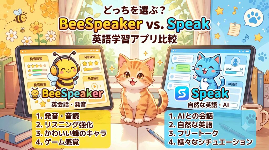 BeeSpeakerとSpeakを比較している子猫