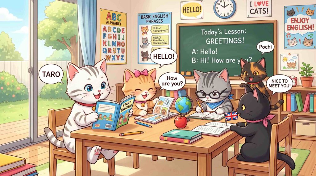 英会話を上達させるため勉強する子猫たち