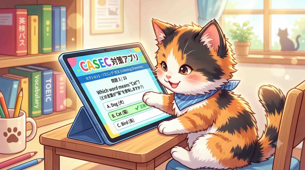 CASEC対策アプリを試している子猫