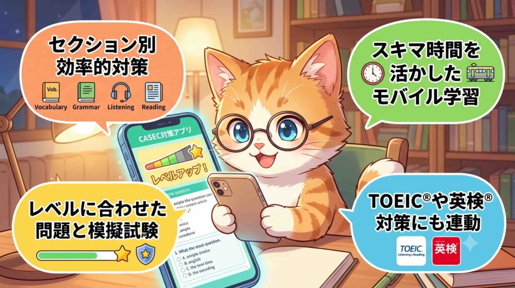CASEC対策アプリについて紹介する子猫