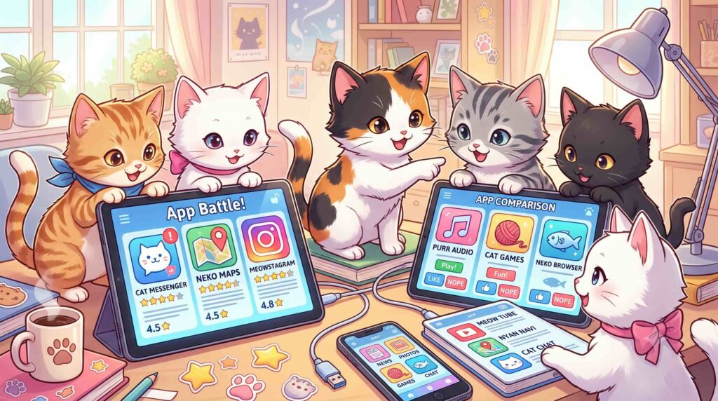 LEAP対応の無料アプリ比較する子猫たち