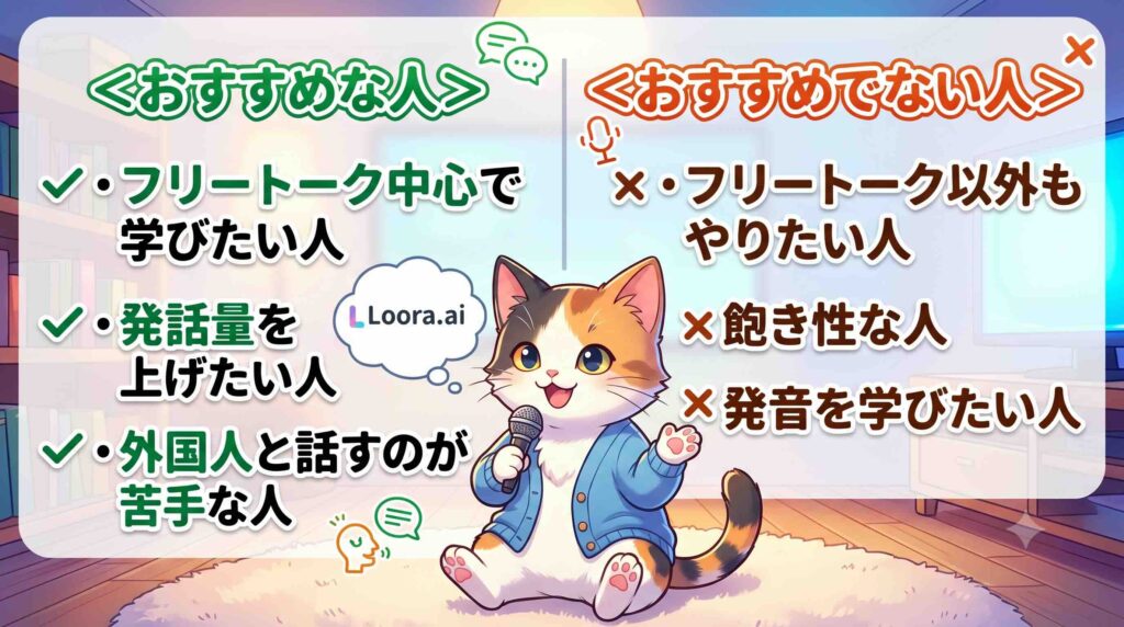Loora. aiがおすすめな人とそうでない人について話す子猫