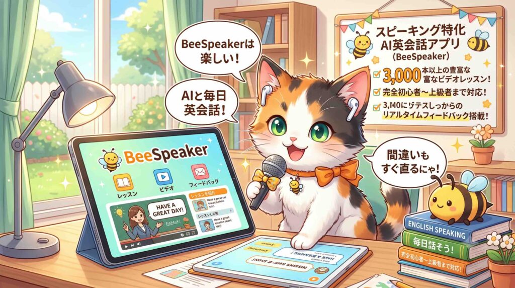 BeeSpeakerについて説明する子猫
