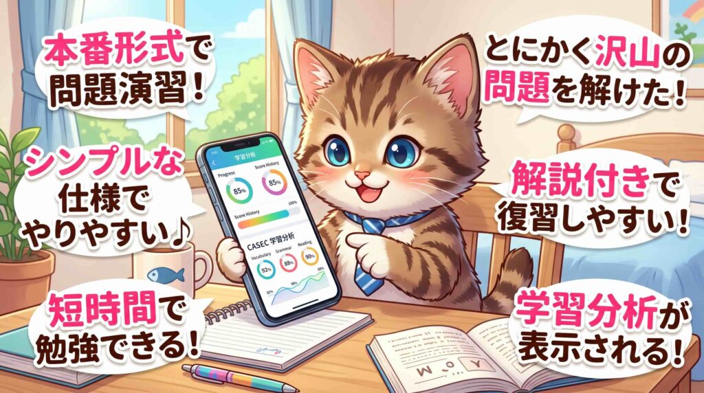 CASEC対策アプリを試した感想を述べる子猫