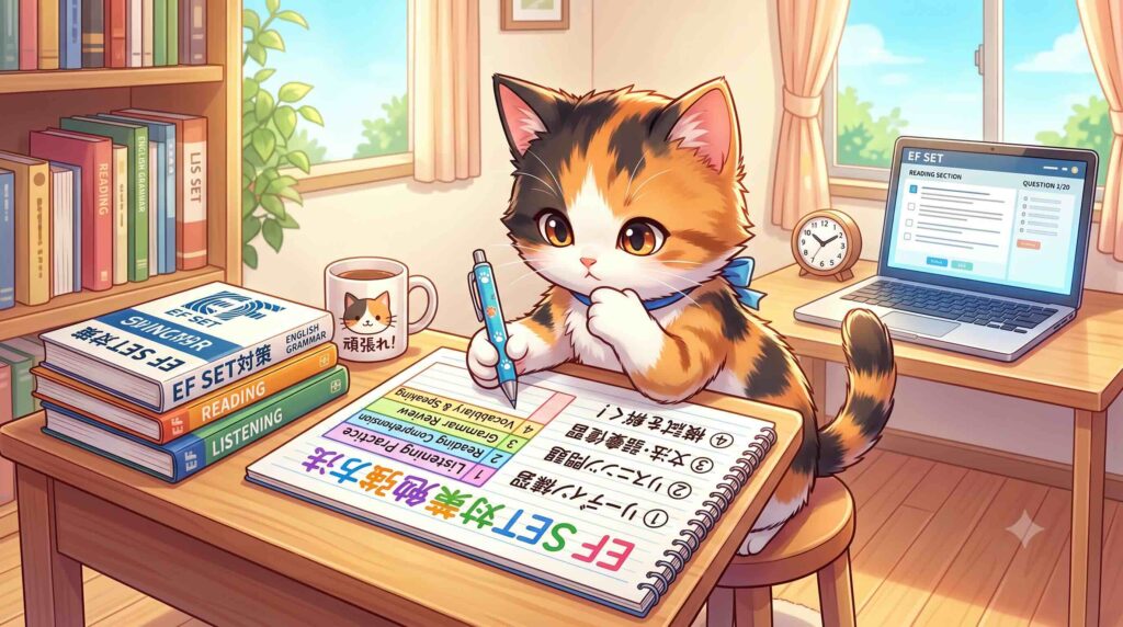 EF SET対策勉強方法を実践する子猫