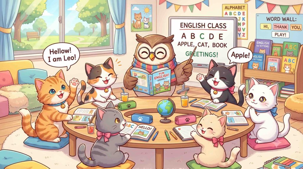 英会話のレッスンを楽しむ子猫たち