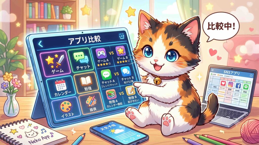 UGUIS. AIと競合アプリを比較している子猫