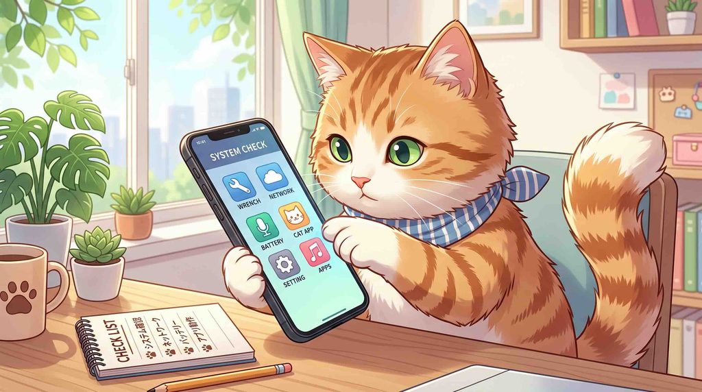 ポケトークとスマホ翻訳機能を比較している猫