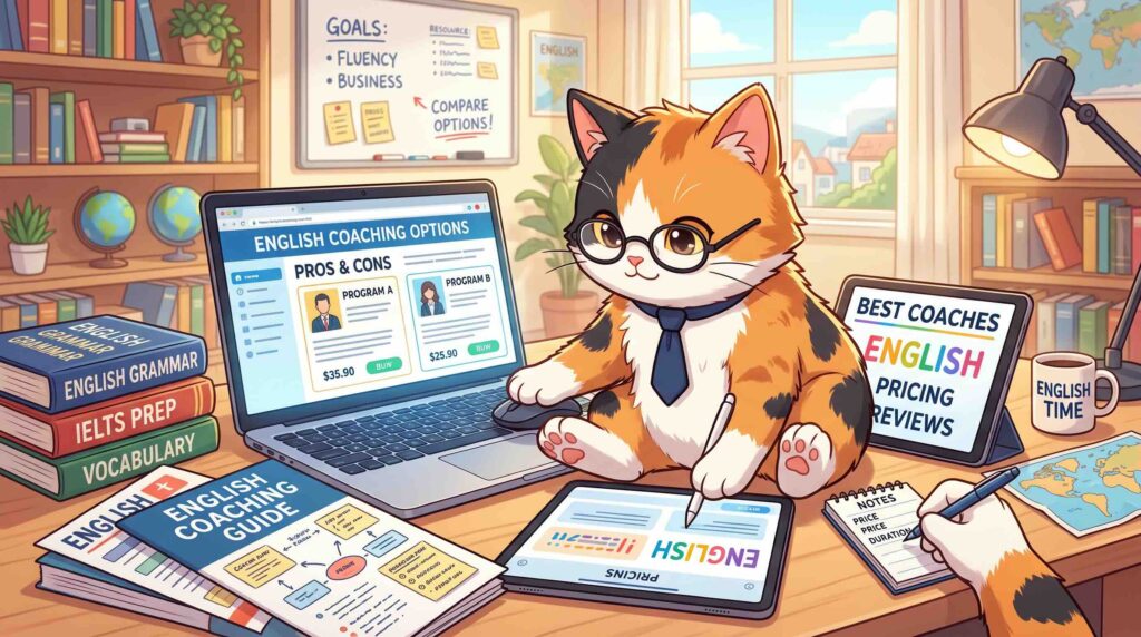 色々な英語コーチングを調べるネコ