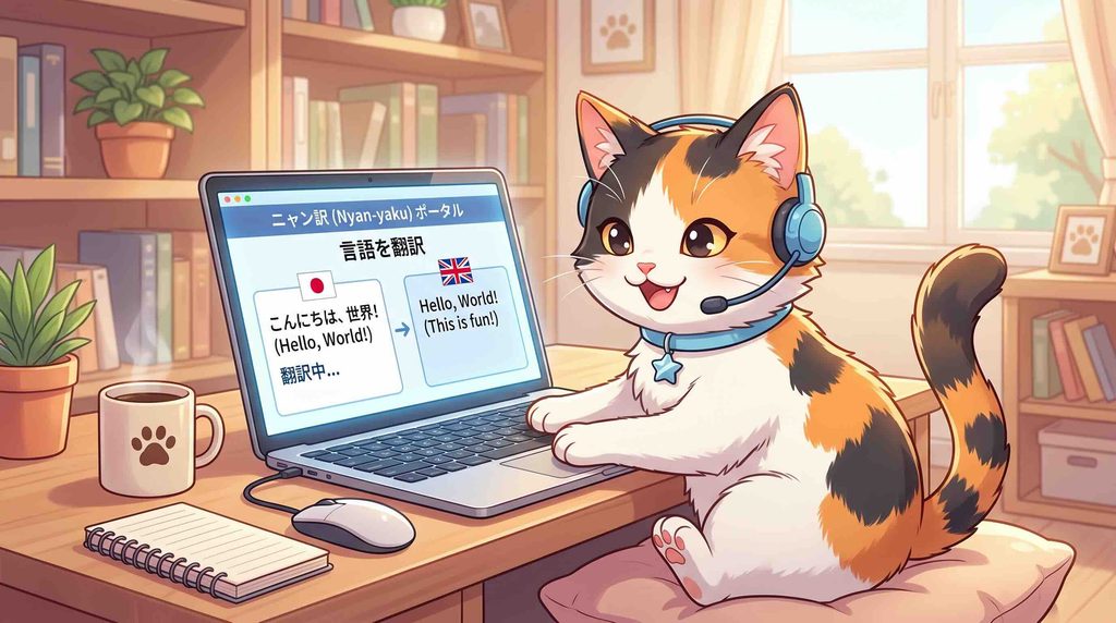 Papagoのウェブサイト翻訳の使い方を学ぶ猫