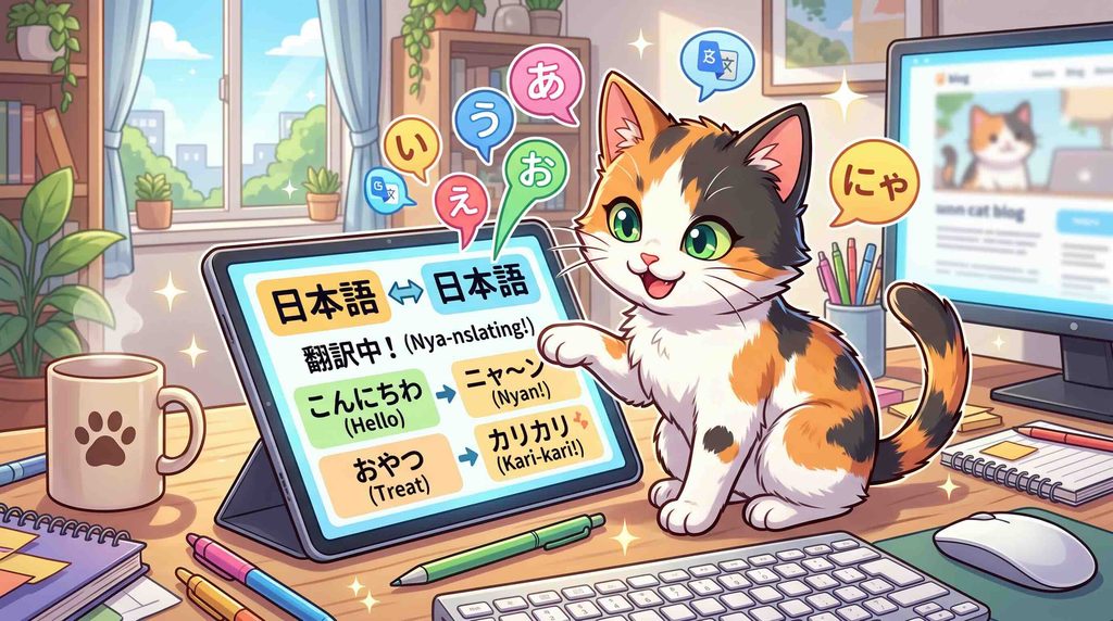 おすすめな翻訳ツールを紹介するネコ