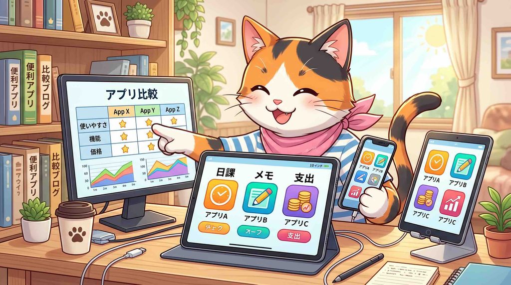 ポケトークとアプリを比較している猫
