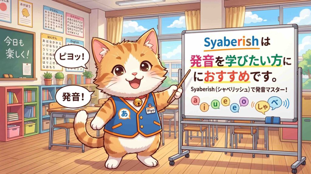 シャベリッシュは「発音を学びたい方におすすめです。」と話すネコ