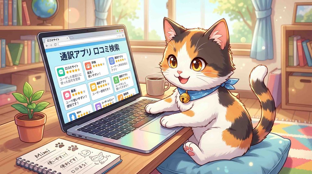 ポケトークアプリの評判や口コミを調べているネコ