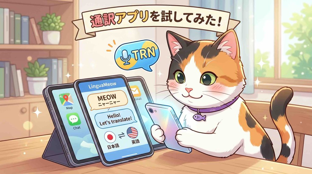 ポケトークアプリを試した感想を述べる猫