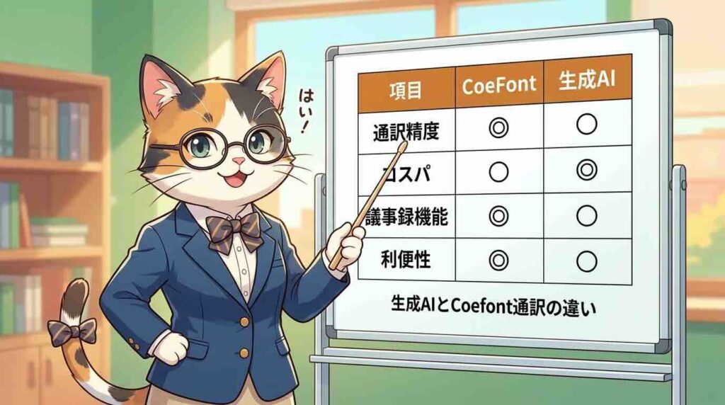 生成AIとCoefont通訳の違いを説明するネコ