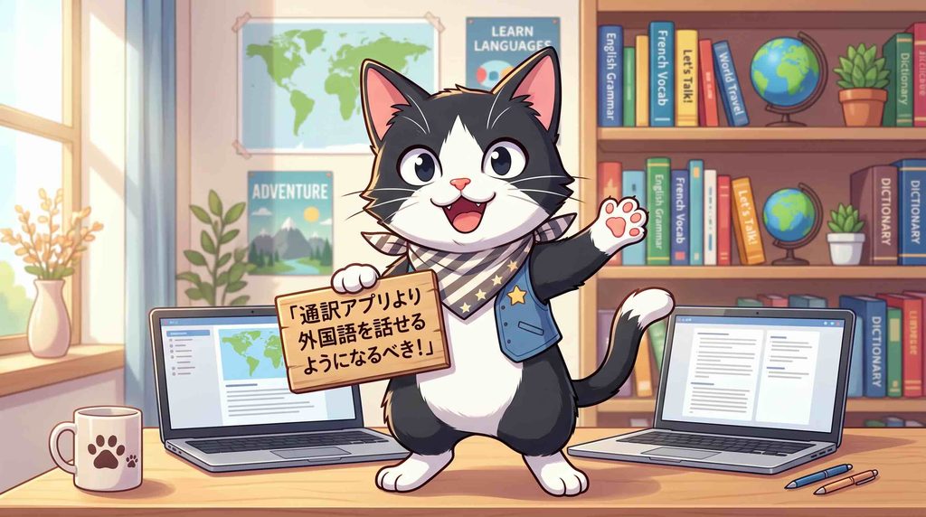 通訳に頼るよりも外国語を話すべきと話す猫