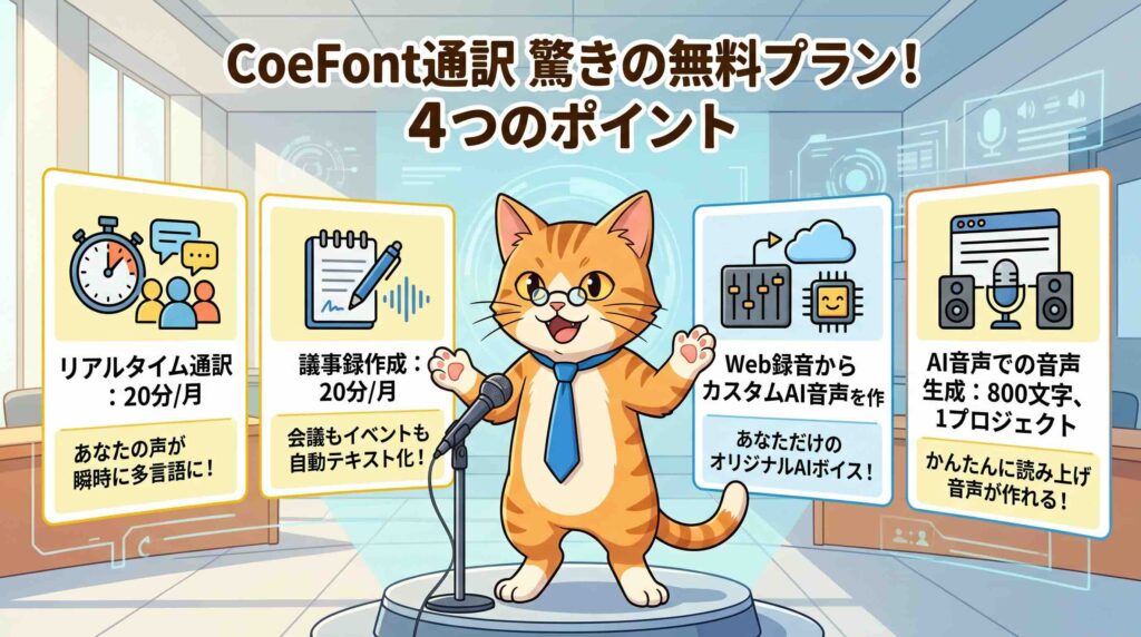 CoeFont通訳の無料でできること4選を語るネコ