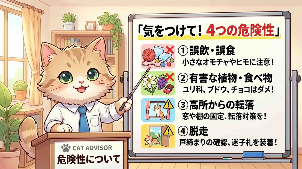 Papagoにおける4つの危険性について話す猫