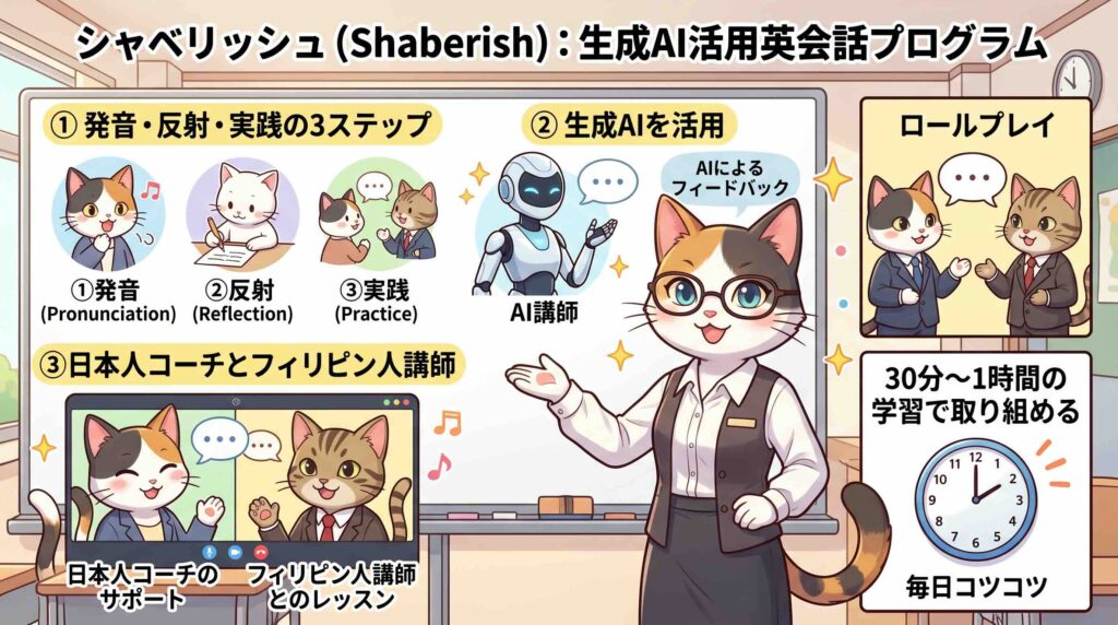 シャベリッシュについて説明するネコ