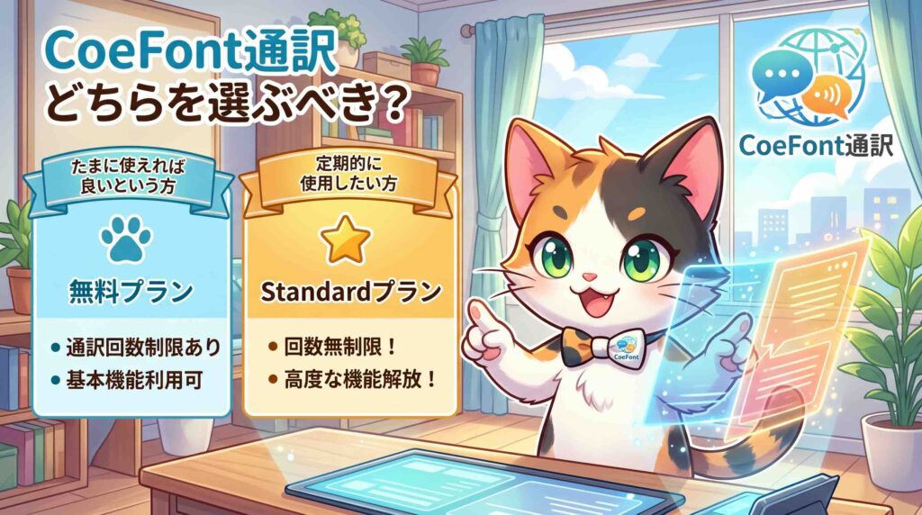 CoeFont通訳の無料と有料どちらがを選ぶべきかアドバイスするネコ