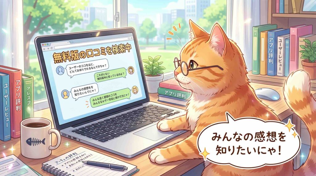 無料版を使っている人の口コミを調べているネコ