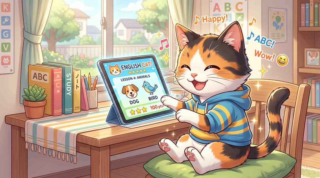 楽しそうに英語アプリで勉強するネコ
