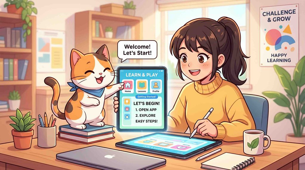 初級者にTalkfulアプリの使い方を教えるネコ
