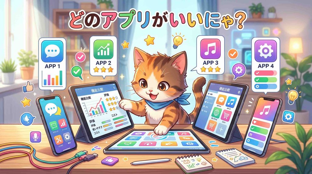 シャドミーと競合アプリを比較している子猫