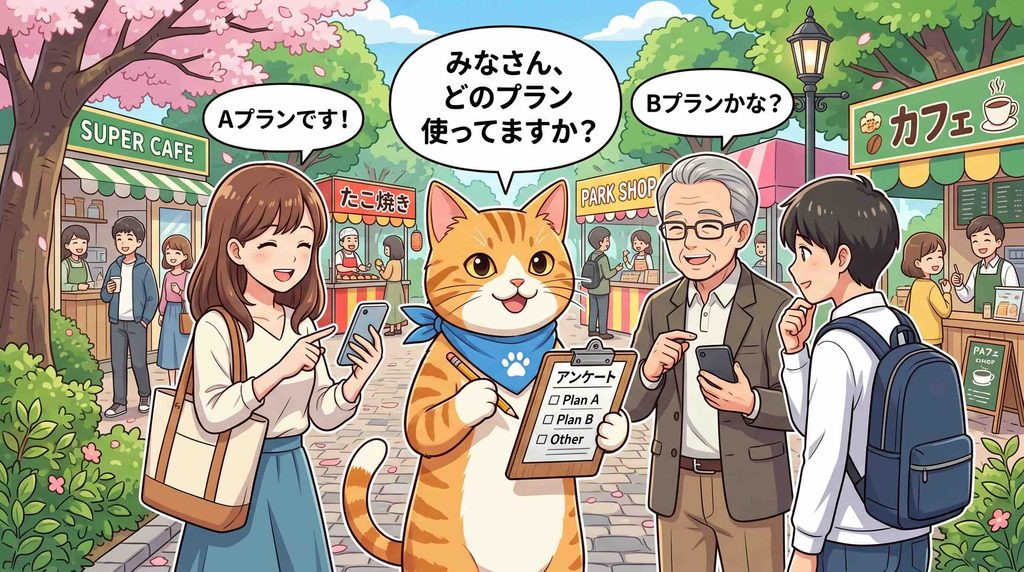 みんなはプレミアムとプレミアムプラスのどっちを使っているのか聞き回る猫