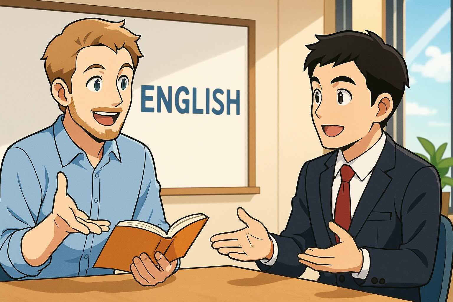 外国人講師に英会話を教えてもらっているビジネスマン